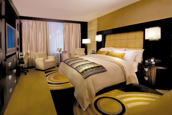 Bedroom interior in yellow and black