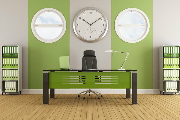 Stylowe wnętrze biura w kolorze zielonym