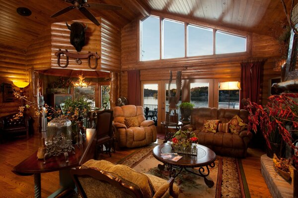 Cozy interior in a wooden house