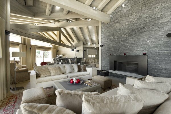 Living room in the loft style of a country house