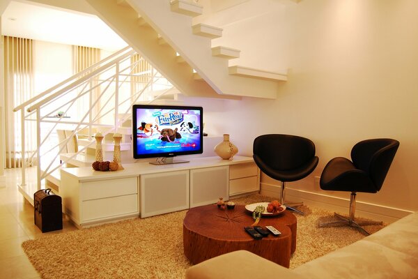 Interior of a living room with a staircase