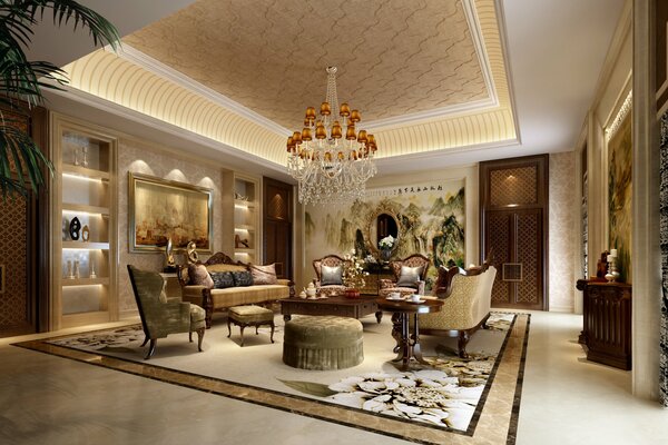 Living room with chandelier and floral carpet