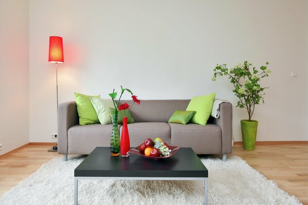 Cozy living room in bright colors with contrasting pillows