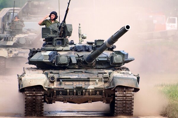 A soldier on a Russian T-90 tank