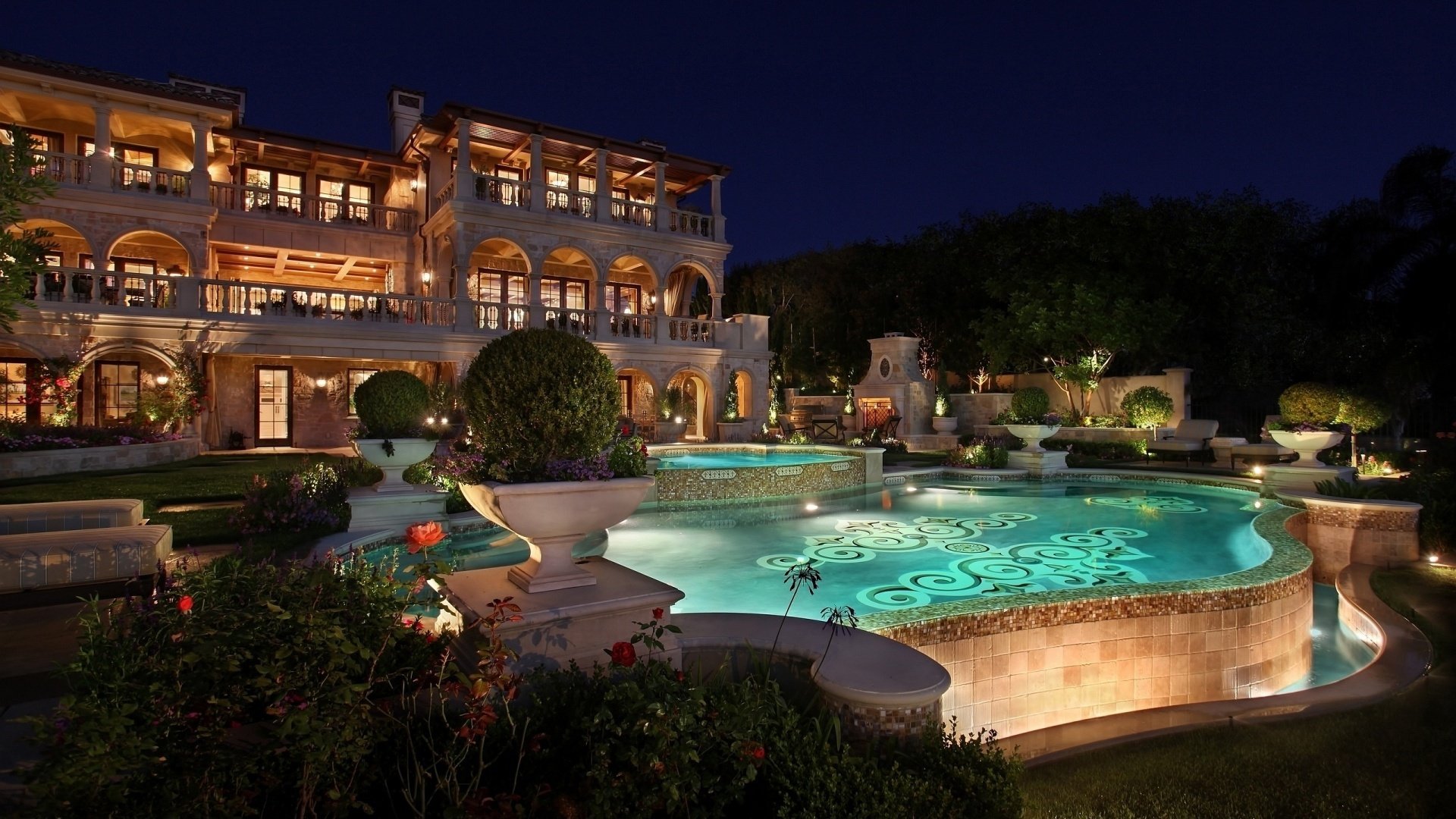 innenraum schwimmbad haus architektur nacht whirlpool büsche blumen bäume