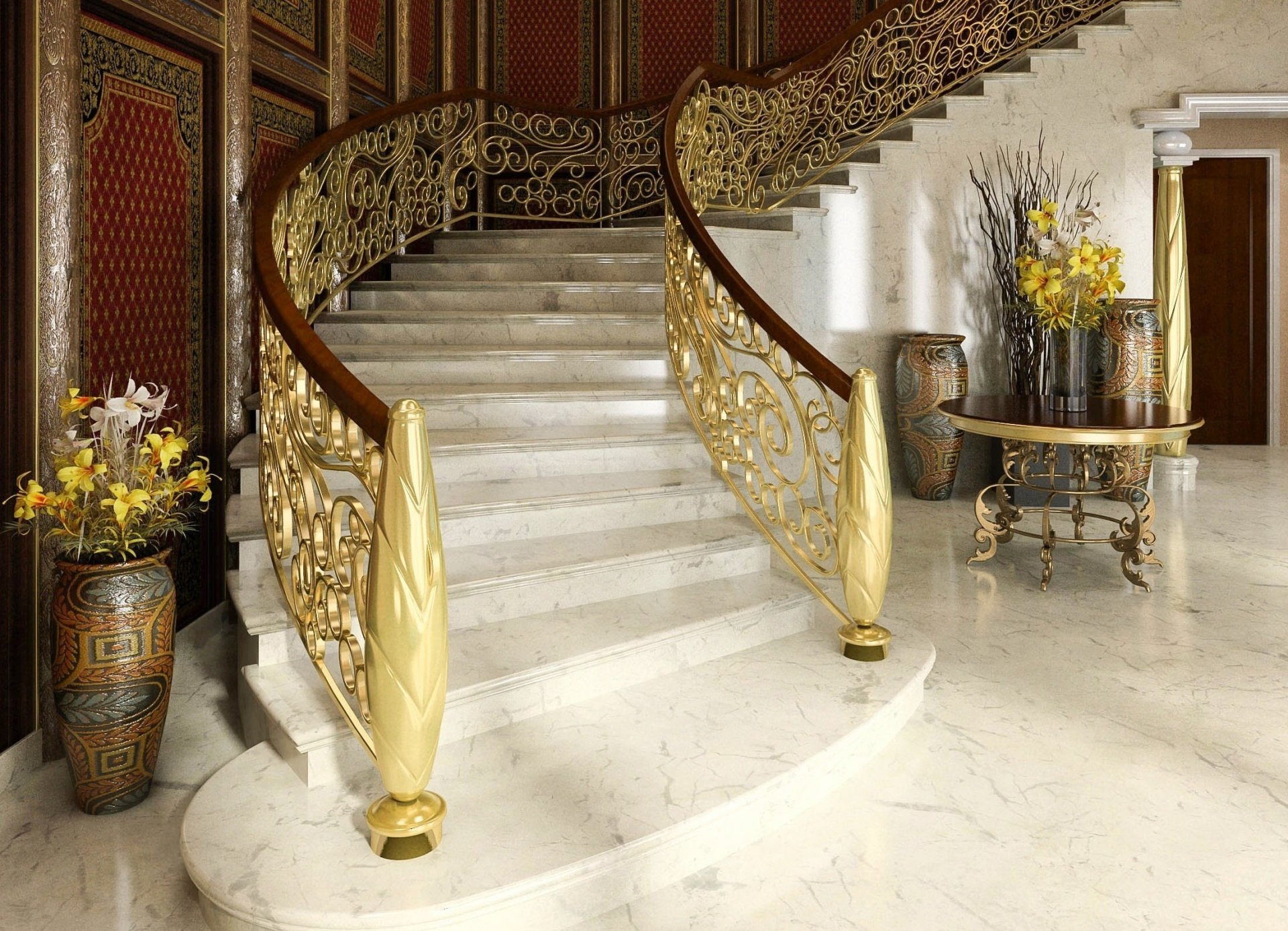 intérieur escalier mains courantes porte vase fleurs conception