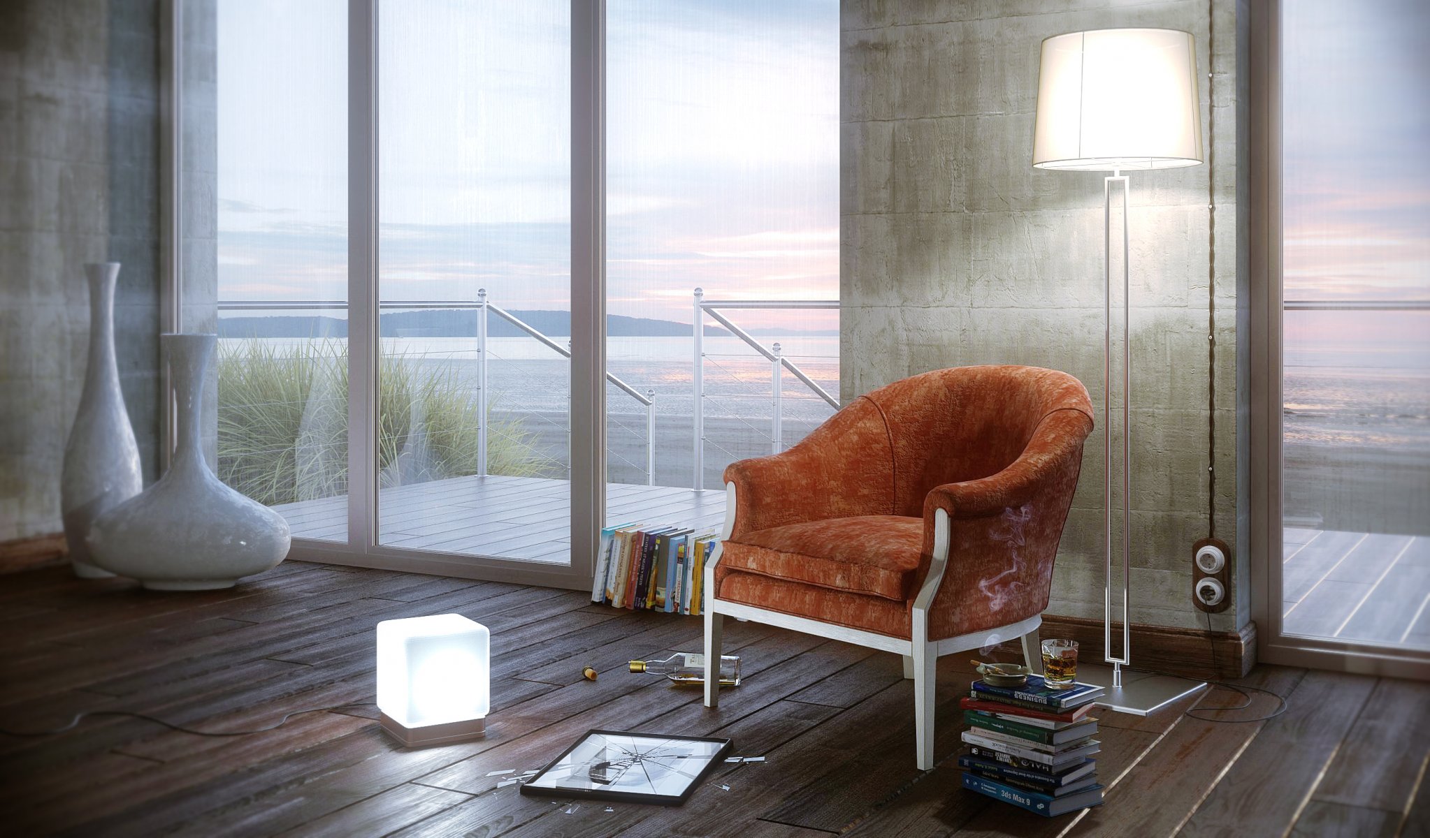 chambre mobilier fauteuil fenêtres livres lampadaire cadre cassé mer côte