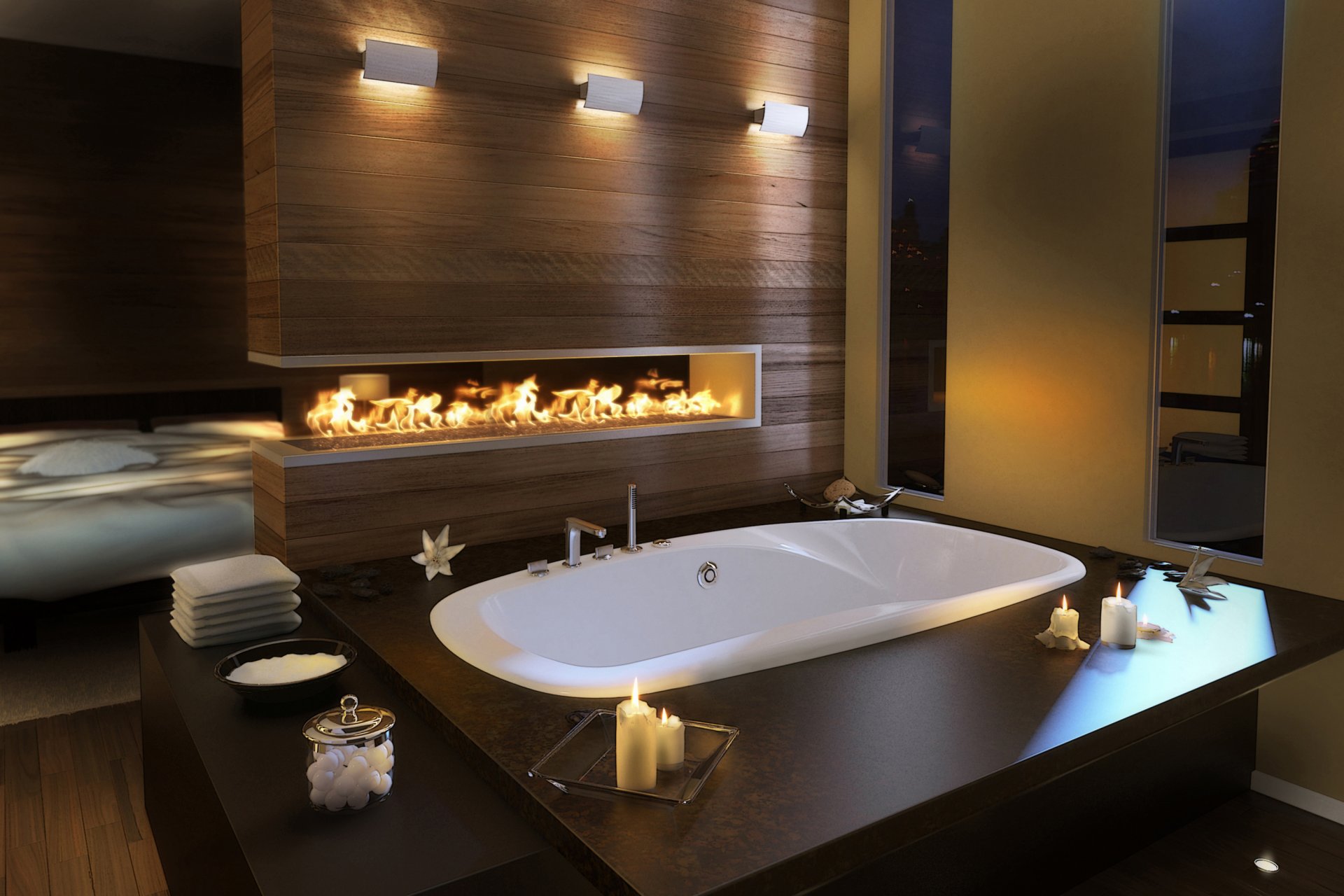 diseño iterrier baño habitación bañera velas fuego