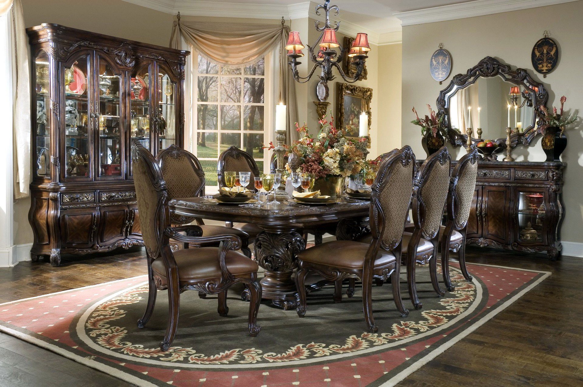 interior house room table chairs chandelier mirror flower window