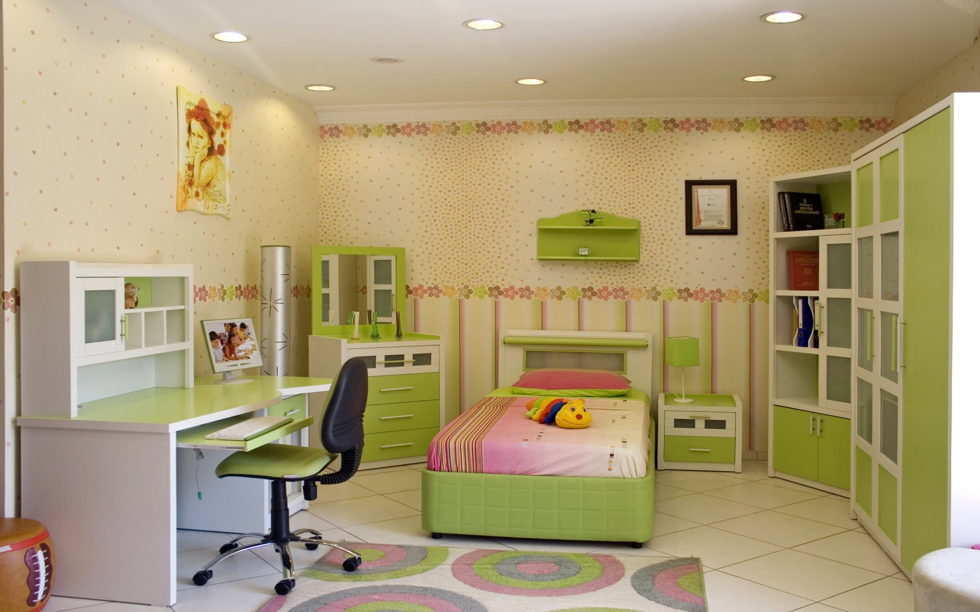 children s interior room bedroom style design bed pillow toys table chair wardrobe light flower