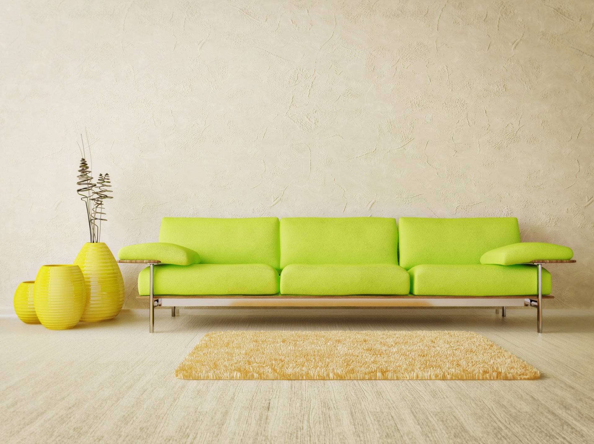 interior room style design light minimalism sofa green vase yellow mat flooring