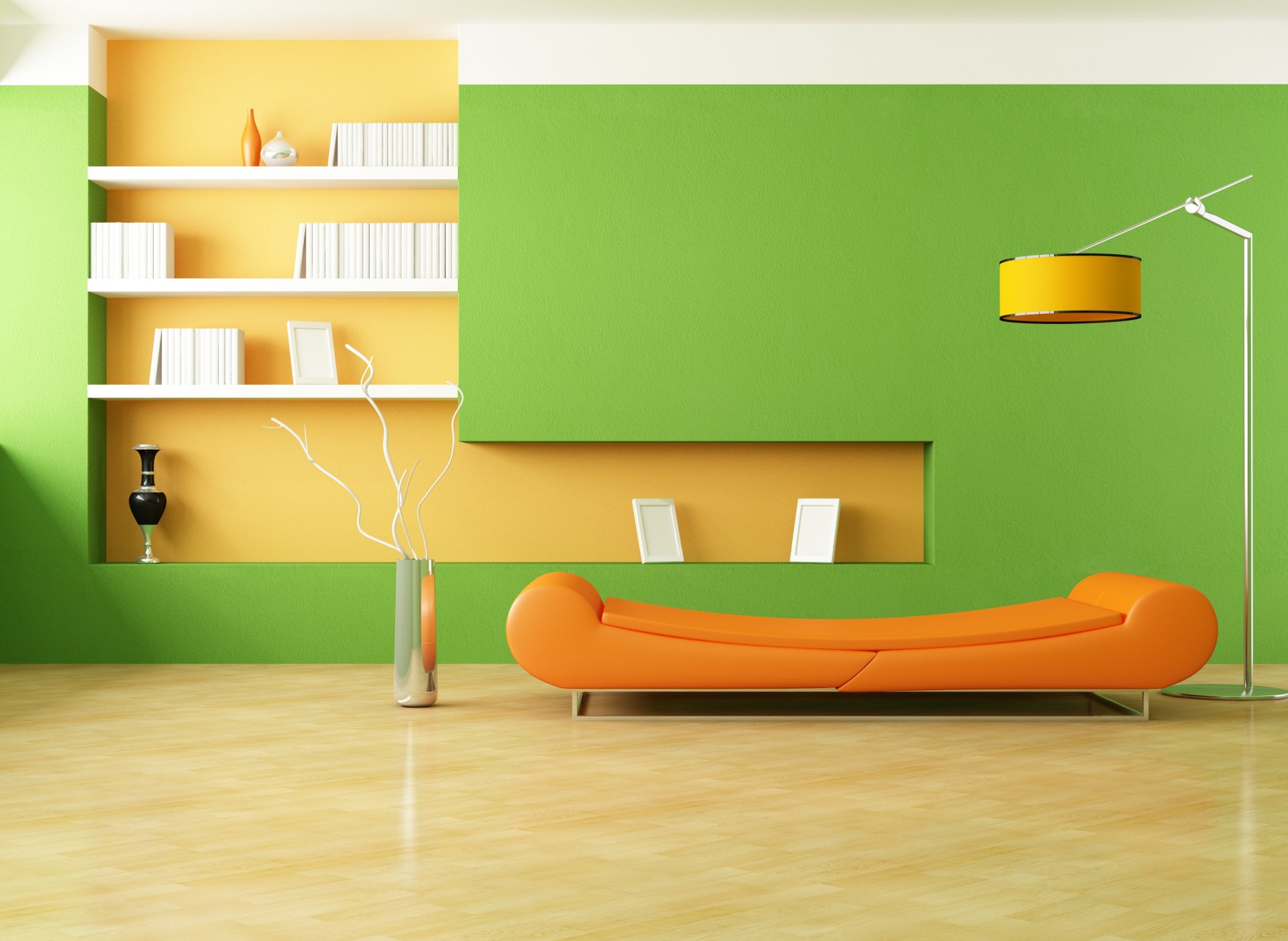 interior diseño estilo minimalismo habitación sofá naranja lámpara jarrones