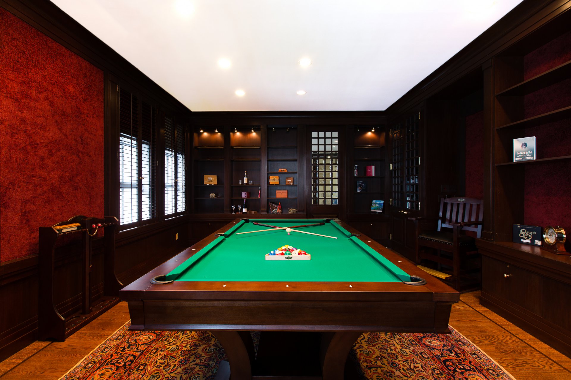 interior billiards room billiard table pool balls cues furniture bulbs sports holiday