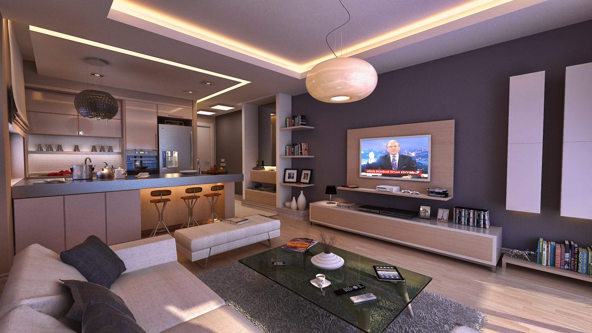 appartement design cuisine canapé table tv lustres