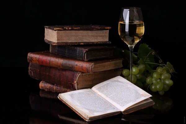 Der Geruch des gedruckten Buchpapiers und der Geschmack des Weins sind der ideale Geschmack zum Entspannen