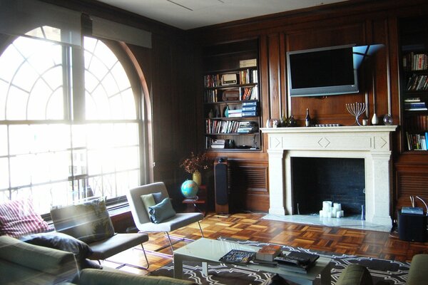 Interior design of a living room with a fireplace