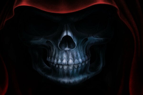 Black background , a skull with a fiery look