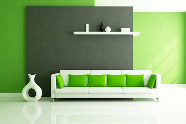 Weißes Sofa mit grünen Kissen