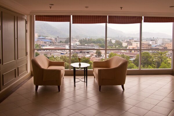 Interior of a living room with panoramic windows