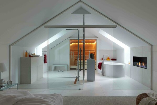 View of a luxurious white glass bathroom