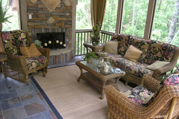 Interior in the house of a room with a fireplace