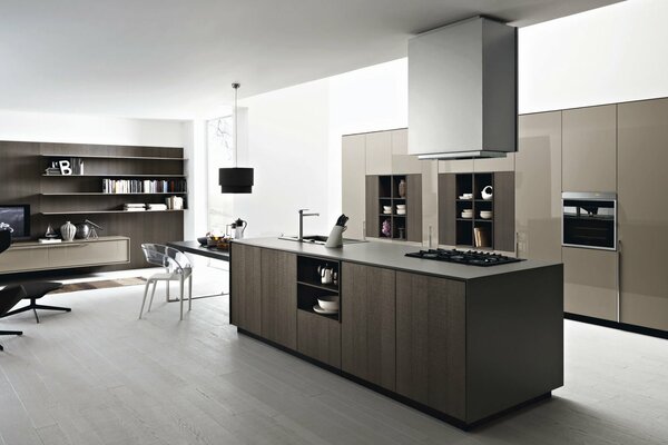 Interior kitchen in beige and brown tones