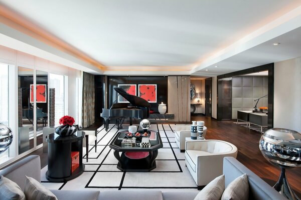Stylish design of the living room with a grand piano