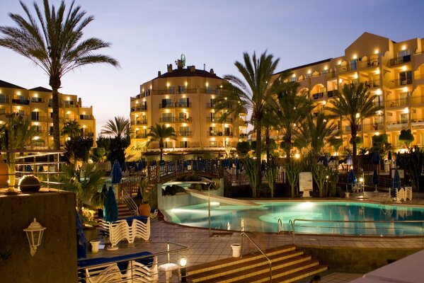 View of the hotel in Spain in the evening