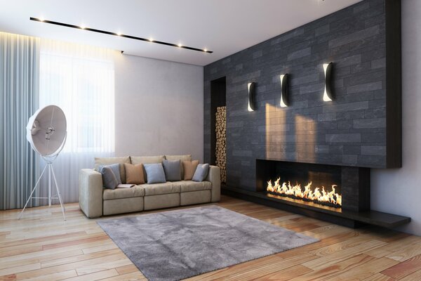 Spacious living room with sofa and fireplace