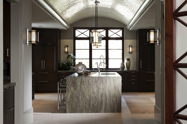 Stylish table in the kitchen interior