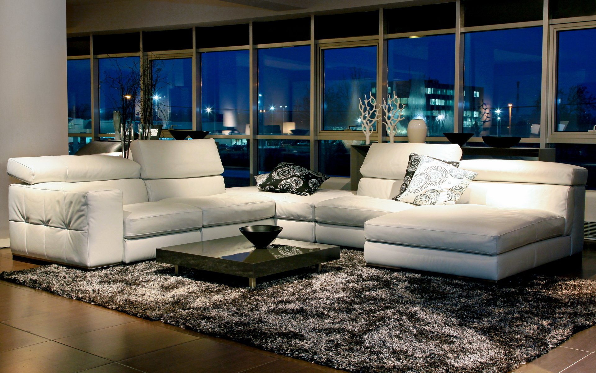 interior design style room furniture white sofa pillow carpet window night