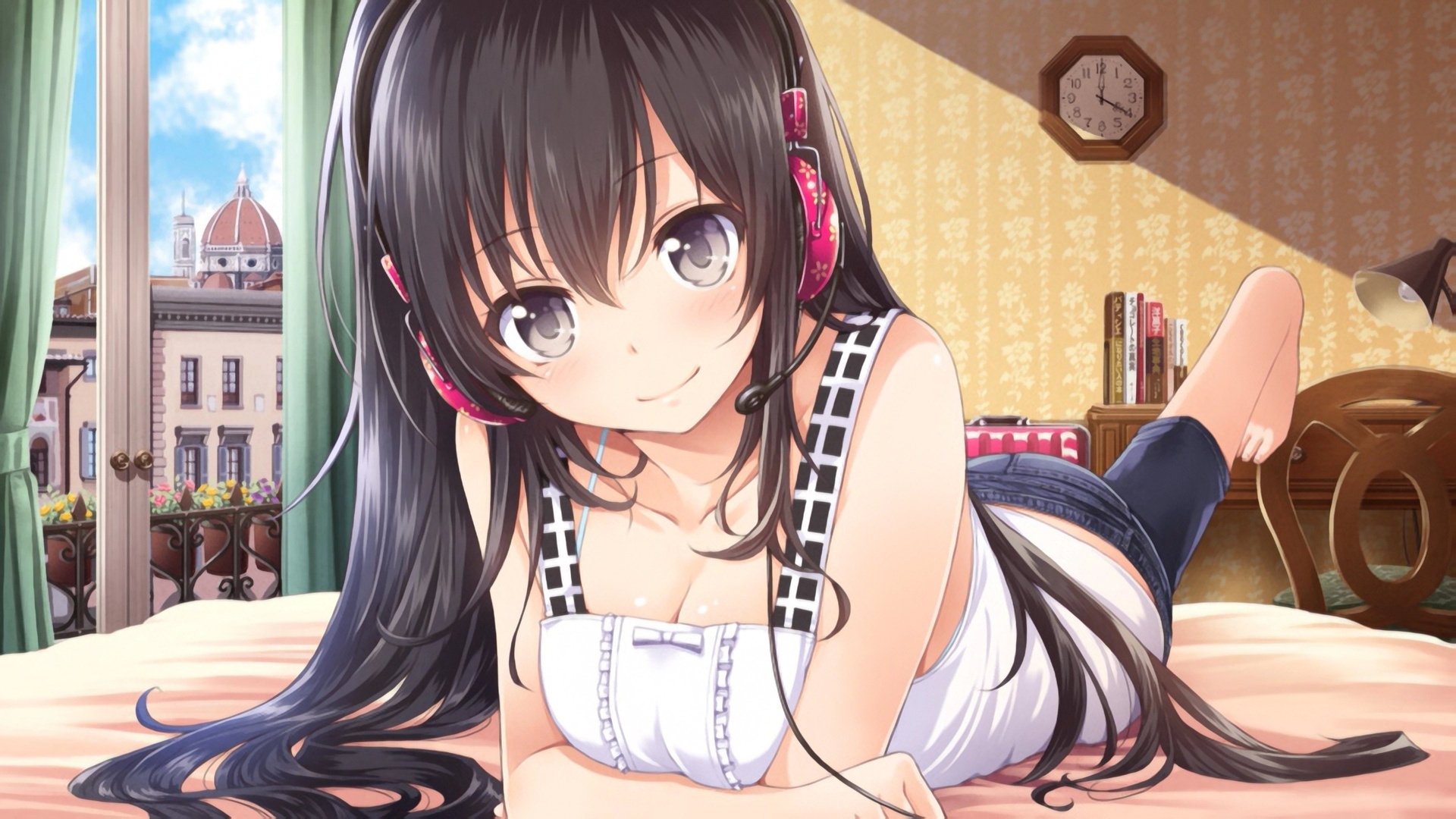 girl flower chest blush black hair