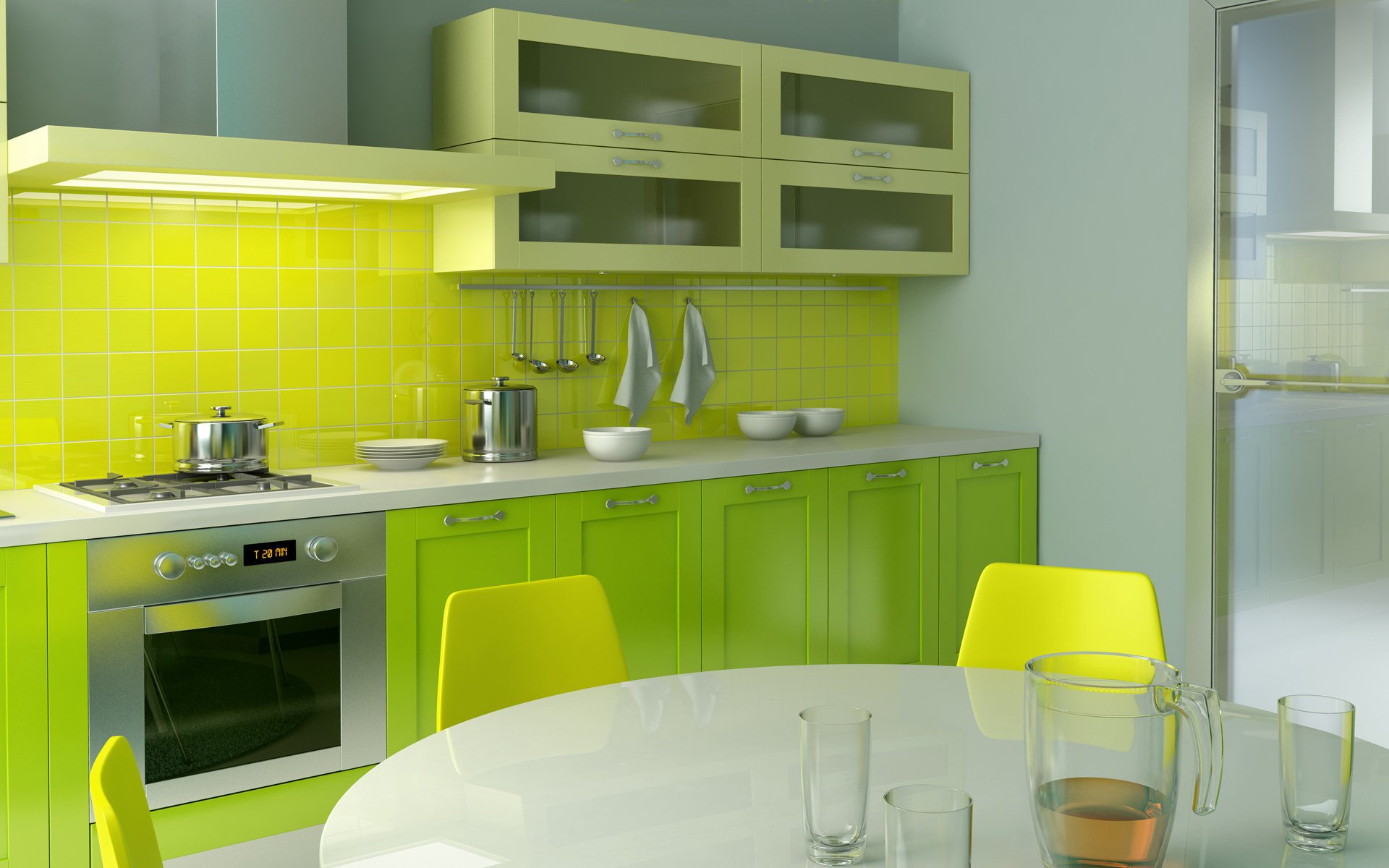 interno camera appartamento design stile cucina verde giallo luminoso sedie tavolo