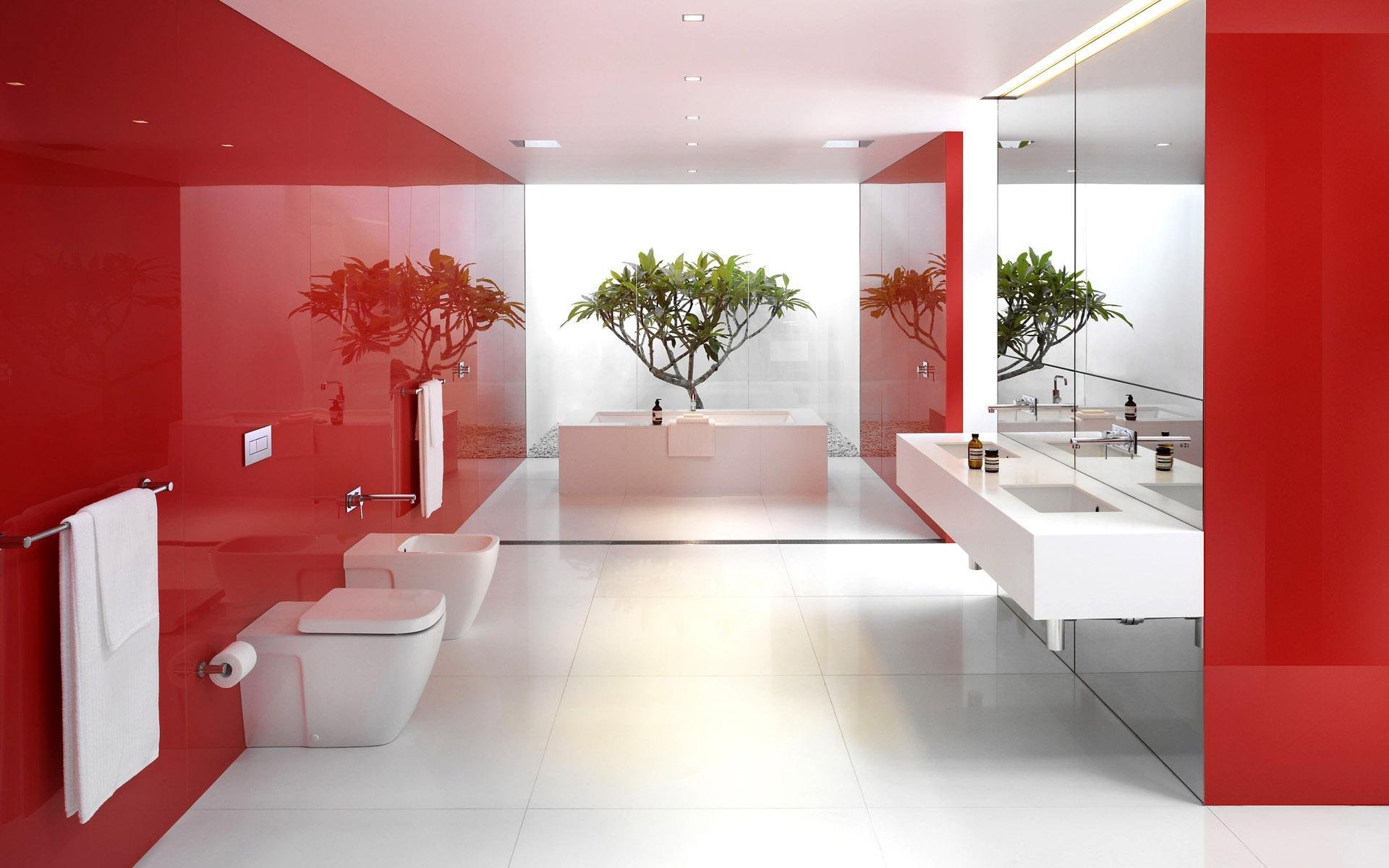 bathroom red white mirror reflection plant