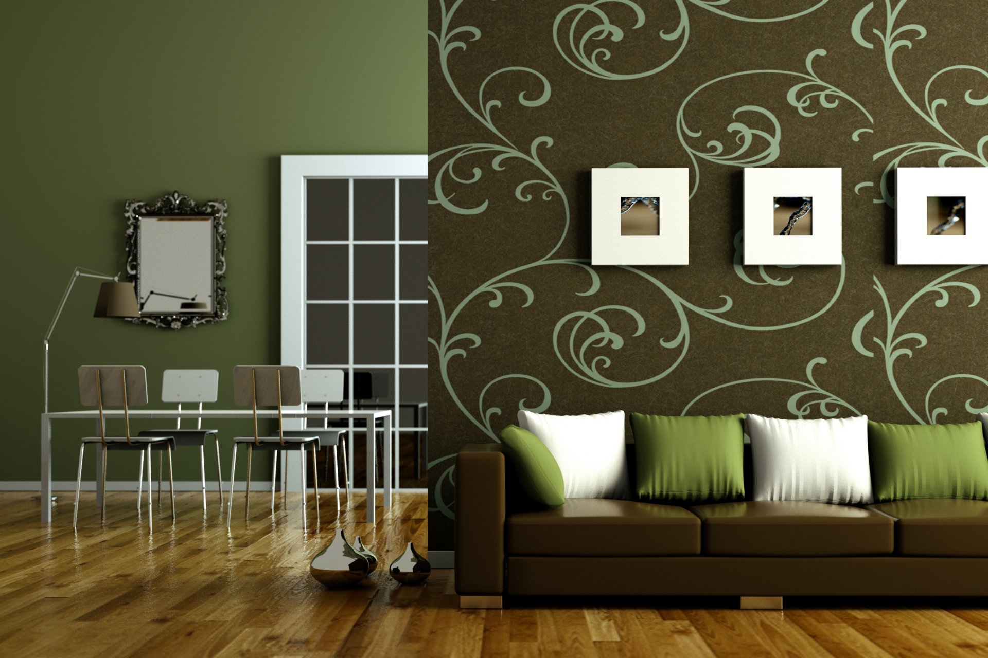 interior style design green brown apartment dining sofa pillow table chairs mirror light flooring tree