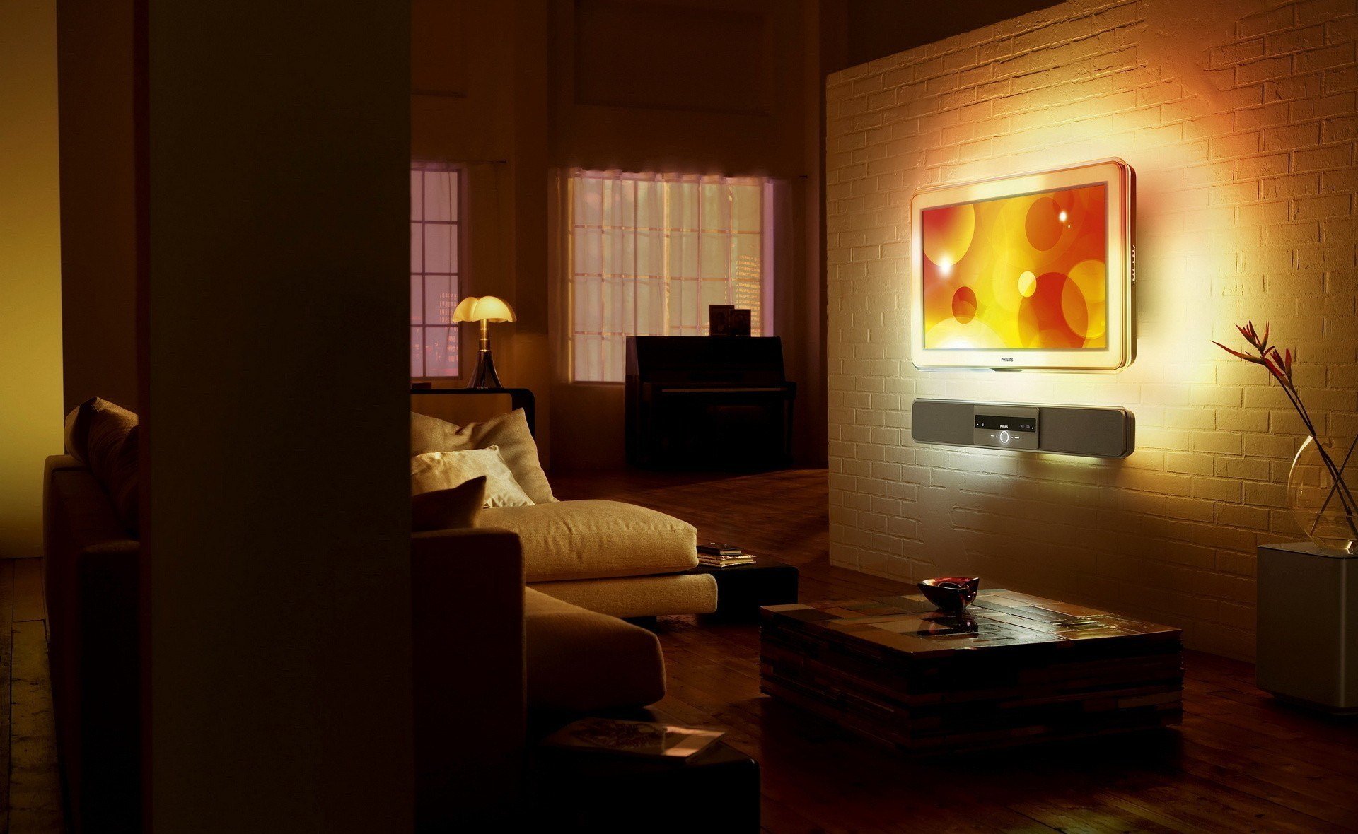 interior design style room sofa bed tv light dark