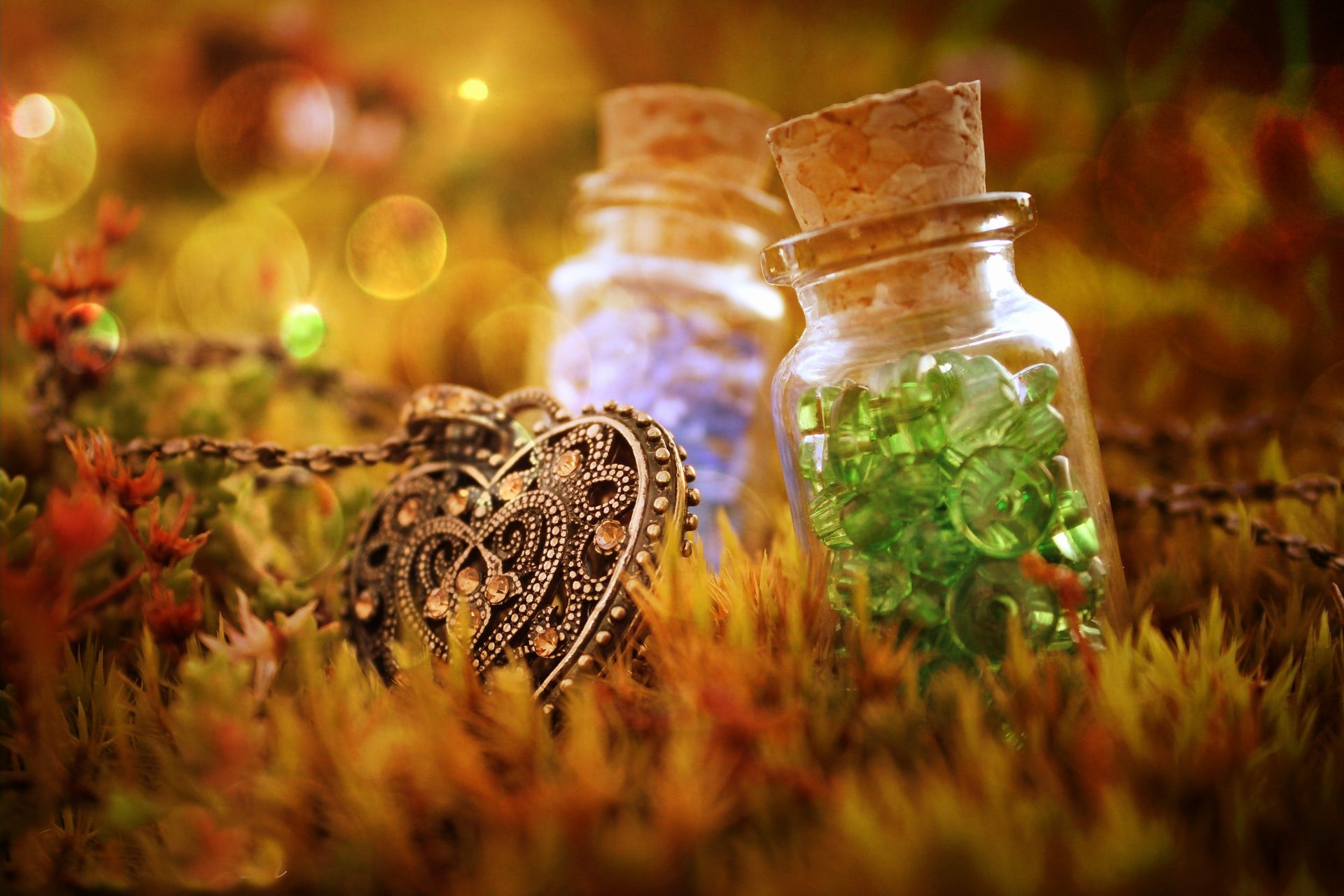 grass bottles pendant bokeh button