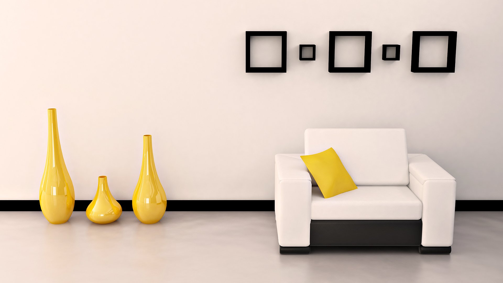 intérieur chambre appartement design style lumineux jaune canapé coussin vase forme blanc noir cadre