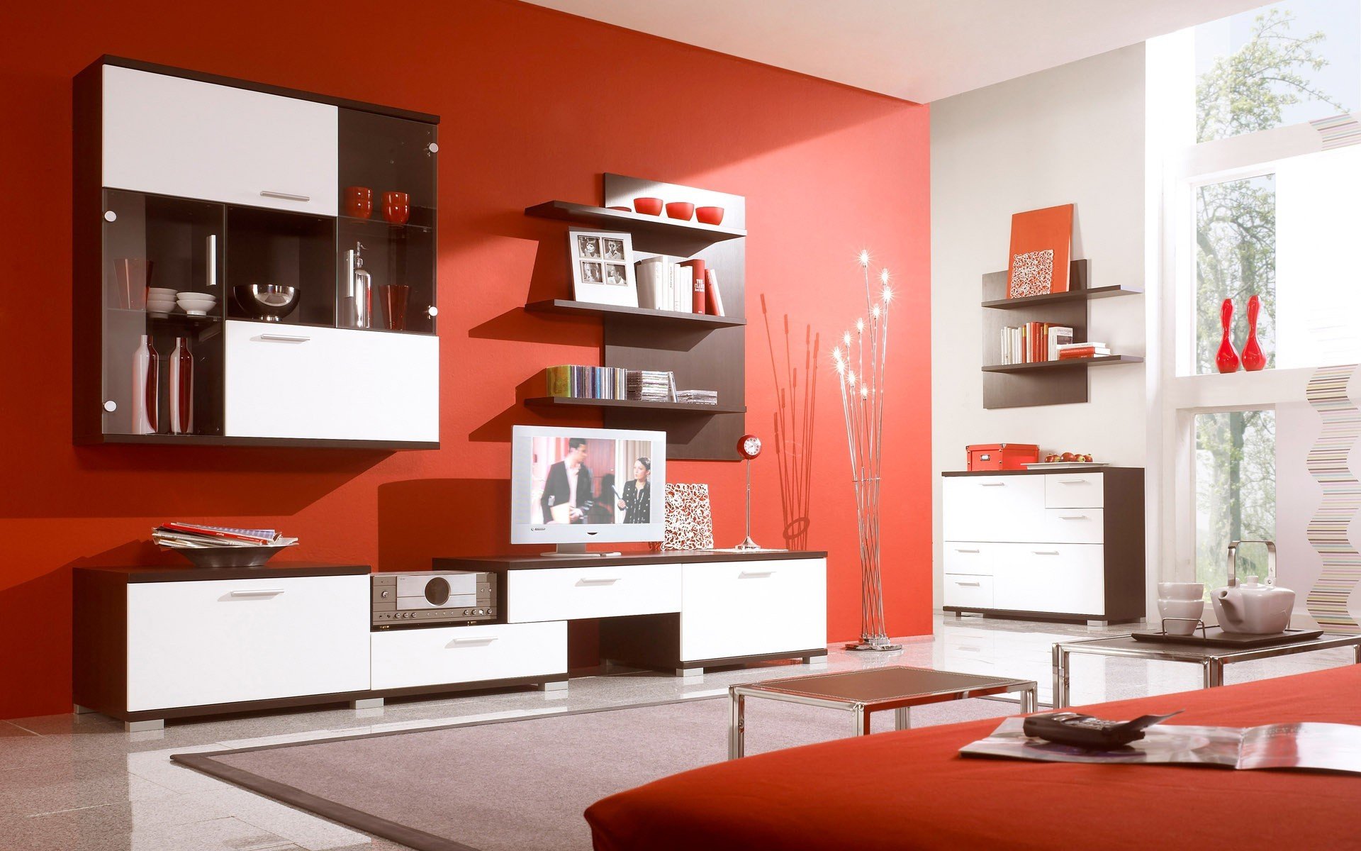 interior room apartment design style shelf red bright