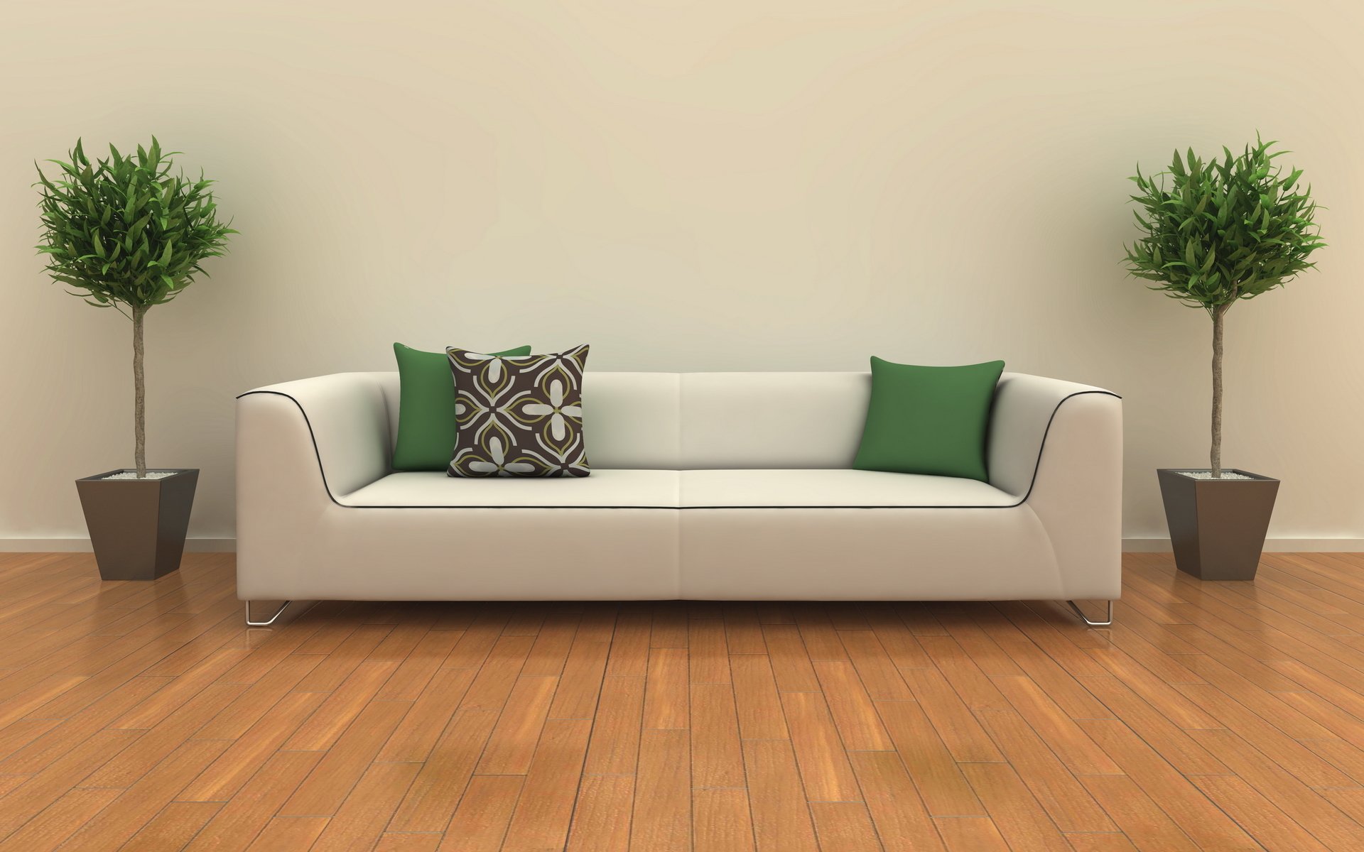 wnętrze design biały sofa zielony poduszki rośliny pokój pokój