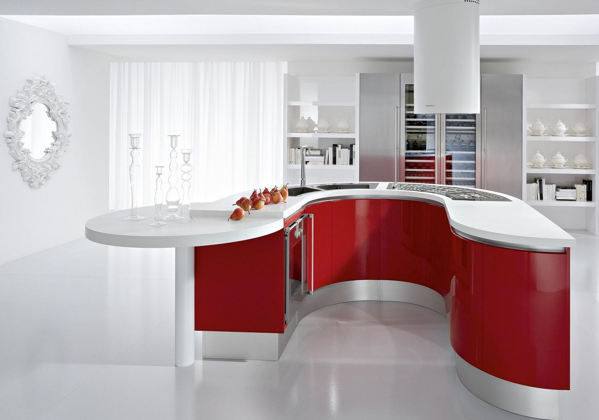 interior design style apartment house room kitchen white red mirror table pear