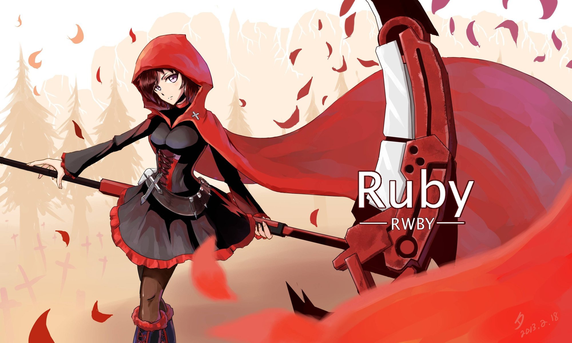 руби rwby девушка коса оружие красный