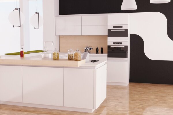 Black and white kitchen with brown floor