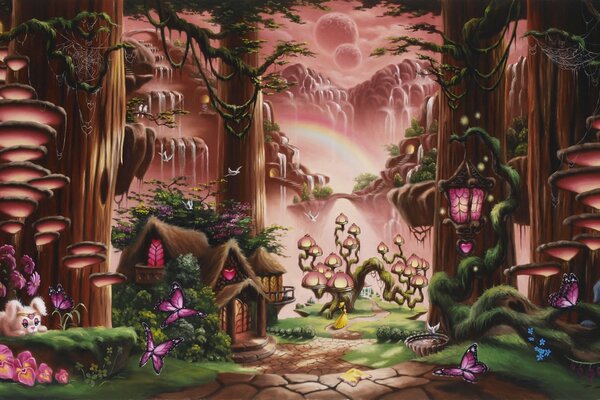 Fabulous pink forest with animals