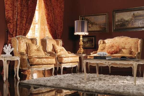 Ornate living room interior in gold tones