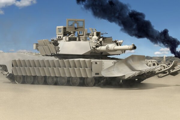 Военный танк на фоне черного дыма