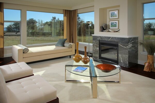 Beautiful fireplace. Panoramic windows