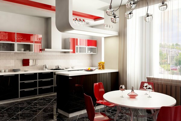 Dining room and kitchen decor in red with white