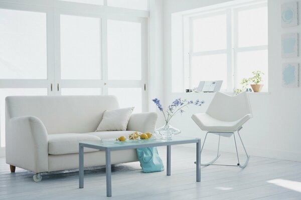 The dazzling magic of a white sofa in a white room with a cornflower table