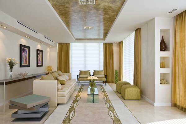 Living room in beige and gold with upholstered furniture